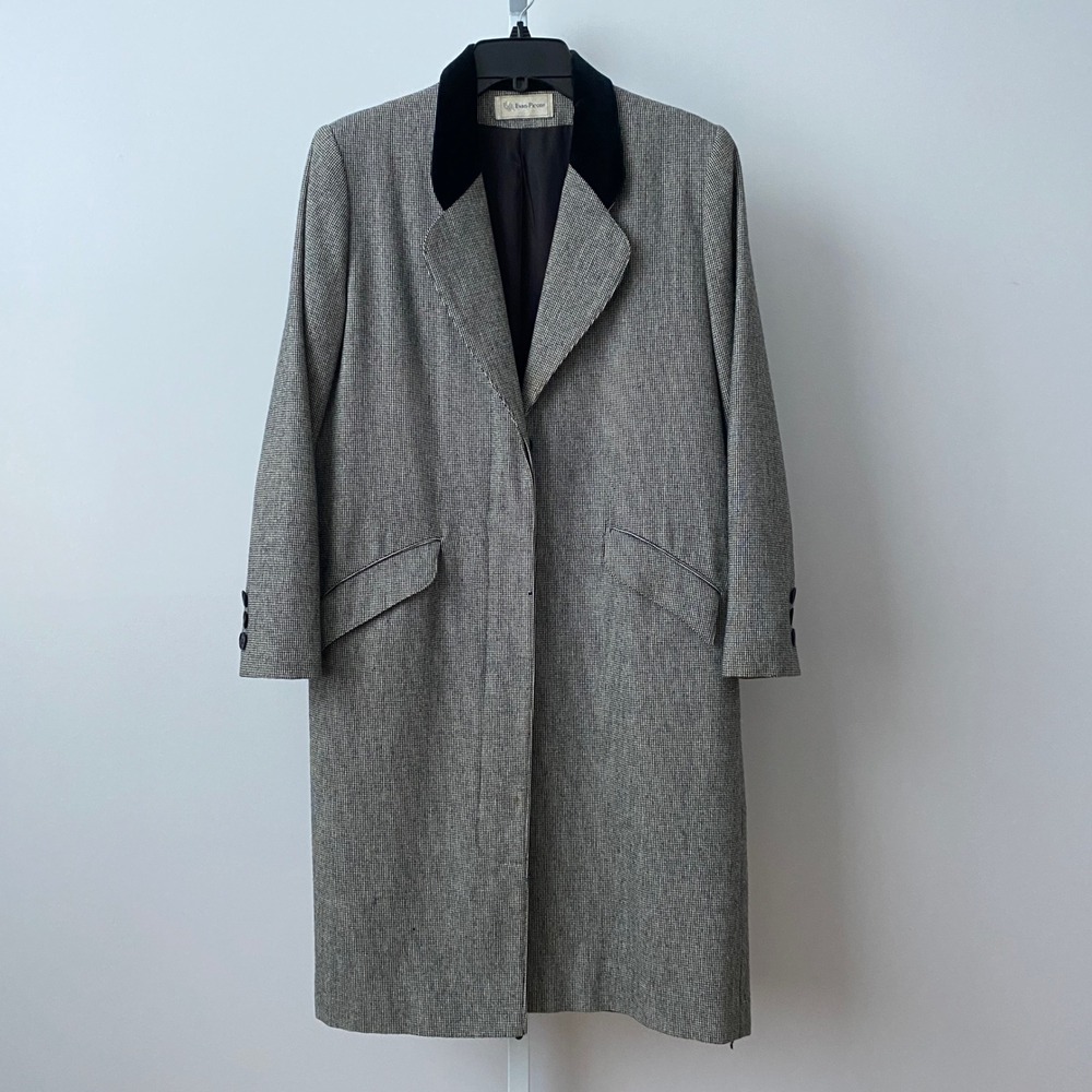 VTG Evan Picone Wool Academia Houndstooth Velvet Collar Long Coat Grey
